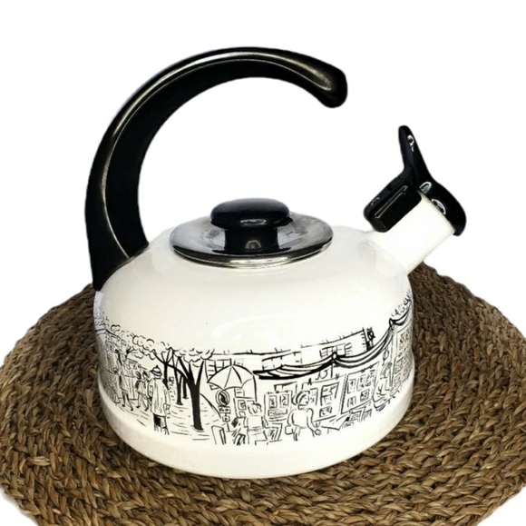 Mikasa Parisian Scenes Whistling Tea Kettle Pot Enameled White Black